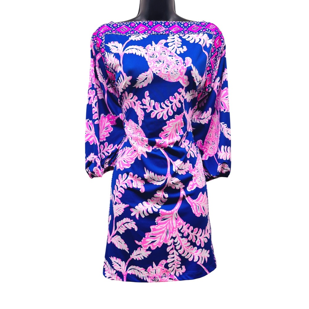 Lilly Pulitzer Cathy Shift Dress Blue Pink Sea Turtle Print Size 0 3/4 Sleeve